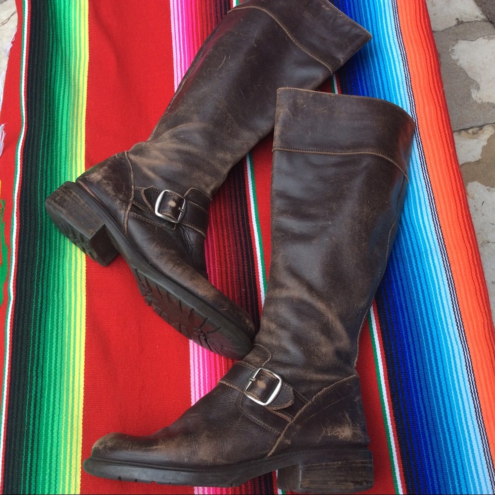 Women's Brown Leather Combat Moto Boots